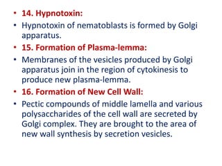 • 14. Hypnotoxin:
• Hypnotoxin of nematoblasts is formed by Golgi
apparatus.
• 15. Formation of Plasma-lemma:
• Membranes of the vesicles produced by Golgi
apparatus join in the region of cytokinesis to
produce new plasma-lemma.
• 16. Formation of New Cell Wall:
• Pectic compounds of middle lamella and various
polysaccharides of the cell wall are secreted by
Golgi complex. They are brought to the area of
new wall synthesis by secretion vesicles.
 