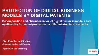 PROTECTION OF DIGITAL BUSINESS
MODELS BY DIGITAL PATENTS
Decomposition and characterization of digital business models and
applicability for patent protection on different structural elements
Dr. Frederik Golks
Corporate Intellectual Property
20/09/2018 CEIPI Strasbourg
 