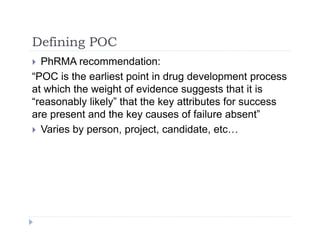 Defining POCDefining POC
 PhRMA recommendation:
“POC is the earliest point in drug development processPOC is the earliest point in drug development process
at which the weight of evidence suggests that it is
“reasonably likely” that the key attributes for success
are present and the key causes of failure absent”
 Varies by person, project, candidate, etc…
 