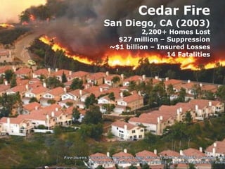 UNDERSTANDING WILDLAND FIRES:
Cedar Fire
San Diego, CA (2003)
2,200+ Homes Lost
$27 million – Suppression
~$1 billion – Insured Losses
14 Fatalities
 