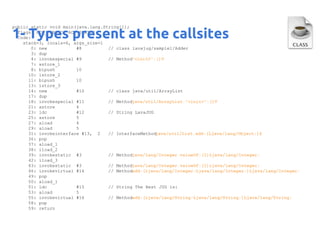 public static void main(java.lang.String[]);
flags: ACC_PUBLIC, ACC_STATIC
Code:
stack=3, locals=6, args_size=1
0: new
#8
// class lavajug/sample1/Adder
3: dup
4: invokespecial #9
// Method"<init>":()V
7: astore_1
8: bipush
10
10: istore_2
11: bipush
10
13: istore_3
14: new
#10
// class java/util/ArrayList
17: dup
18: invokespecial #11
// Methodjava/util/ArrayList."<init>":()V
21: astore
4
23: ldc
#12
// String LavaJUG
25: astore
5
27: aload
4
29: aload
5
31: invokeinterface #13, 2
// InterfaceMethod
java/util/List.add:(Ljava/lang/Object;)Z
36: pop
37: aload_1
38: iload_2
39: invokestatic #3
// Methodjava/lang/Integer.valueOf:(I)Ljava/lang/Integer;
42: iload_3
43: invokestatic #3
// Methodjava/lang/Integer.valueOf:(I)Ljava/lang/Integer;
46: invokevirtual #14
// Methodadd:(Ljava/lang/Integer;Ljava/lang/Integer;)Ljava/lang/Integer;
49: pop
50: aload_1
51: ldc
#15
// String The Best JUG is:
53: aload
5
55: invokevirtual #16
// Methodadd:(Ljava/lang/String;Ljava/lang/String;)Ljava/lang/String;
58: pop
59: return

1- Types present at the callsites

 