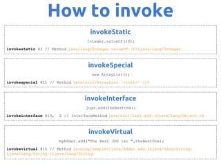 How to invoke
invokeStatic
Integer.valueOf(10);
invokestatic #3 // Method java/lang/Integer.valueOf:(I)Ljava/lang/Integer;

invokeSpecial
new ArrayList();
invokespecial #11 // Method java/util/ArrayList."<init>":()V

invokeInterface
jugs.add(theBestOne);
invokeinterface #13,

2 // InterfaceMethod java/util/List.add:(Ljava/lang/Object;)Z

invokeVirtual
myAdder.add("The Best JUG is: ",theBestOne);
invokevirtual #16 // Method lavajug/sample1/java/Adder.add:(Ljava/lang/String;
Ljava/lang/String;)Ljava/lang/String;

 