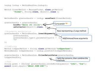 Lookup lookup = MethodHandles.lookup();
Method formatMethod = MessageFormat. class.getMethod(
"format", String.class, Object[]. class );

MethodHandle greeterHandle = lookup. unreflect(formatMethod);
greeterHandle = greeterHandle.
bindTo("Hello {0} {1}{2}").
asCollector(Object[]. class, 3);

Curry power ❤

Now representing a 3 args method
//Arguments manipulation
greeterHandle = MethodHandles. insertArguments(
greeterHandle,
greeterHandle.type().parameterCount() - 1, Add/remove/move arguments
"!"
);
//Combining
Method toUpperMethod = String. class.getMethod( "toUpperCase");
MethodHandle toUpperHandle = lookup.unreflect(toUpperMethod);
greeterHandle = MethodHandles. filterReturnValue(greeterHandle,
toUpperHandle);
Split the concerns, then combine the
methods
//Test
String greet = (String) greeterHandle.invokeWithArguments( "John", "Doe");
assert greet.equals( "HELLO JOHN DOE!");

 