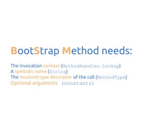 BootStrap Method needs:
The invocation context (MethodHandles.Lookup)
A symbolic name (String)
The resolved type descriptor of the call (MethodType)

Optional arguments (constants)

 