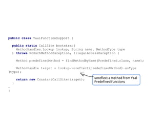 public class YaalFunctionSupport {
public static CallSite bootstrap(
MethodHandles.Lookup lookup, String name, MethodType type
) throws NoSuchMethodException, IllegalAccessException {
Method predefinedMethod = findMethodByName(Predefined.class, name);
MethodHandle target = lookup.unreflect(predefinedMethod).asType
(type);
return new ConstantCallSite(target);
}
…
}

unreflect a method from Yaal
Predefined functions

 