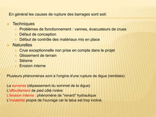  Techniques
 Problèmes de fonctionnement : vannes, évacuateurs de crues
 Défaut de conception
 Défaut de contrôle des matériaux mis en place
 Naturelles
 Crue exceptionnelle non prise en compte dans le projet
 Glissement de terrain
 Séisme
 Erosion interne
Plusieurs phénomènes sont à l'origine d'une rupture de digue (remblais):
La surverse (dépassement du sommet de la digue)
L'affouillement de pied côté rivière
L'érosion interne : phénomène de "renard" hydraulique
L'instabilité propre de l'ouvrage car le talus est trop incliné.
En général les causes de rupture des barrages sont soit:
 