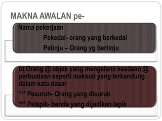 MAKNA AWALAN pe-
Nama pekerjaan
Pekedai- orang yang berkedai
Petinju – Orang yg bertinju
b) Orang @ objek yang mengalami keadaan @
perbuataan seperti maksud yang terkandung
dalam kata dasar
*** Pesuruh- Orang yang disuruh
*** Pelapik- benda yang dijadikan lapik
 