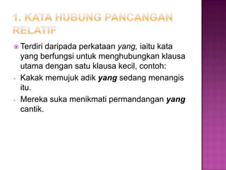 Terdiri daripada perkataan yang, iaitu kata
yang berfungsi untuk menghubungkan klausa
utama dengan satu klausa kecil, contoh:
- Kakak memujuk adik yang sedang menangis
itu.
- Mereka suka menikmati permandangan yang
cantik.
 