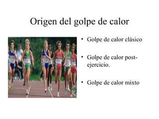 Origen del golpe de calor
            • Golpe de calor clásico

            • Golpe de calor post-
              ejercicio.

            • Golpe de calor mixto
 