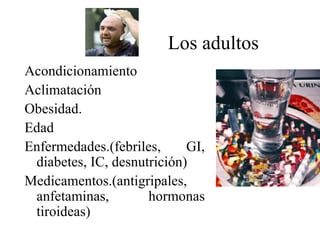 Los adultos
Acondicionamiento
Aclimatación
Obesidad.
Edad
Enfermedades.(febriles,     GI,
 diabetes, IC, desnutrición)
Medicamentos.(antigripales,
 anfetaminas,        hormonas
 tiroideas)
 