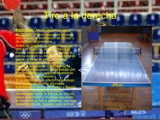 Tiro a la derecha
•   POSICION: Medio distancia cerca
•   ACTITUD: Pierna izquierda un poco
    adelantada, la inclinación de tronco y
    de rodillas se mantiene.
•   Antes de golpear, la cintura hace un
    giro a la derecha, el brazo hacia el
    mismo lado atrás y abajo, cuando la
    pelota esta en su máxima altura da el
    golpe; al tocar la pelota combina
    fuerza de antebrazo y muñeca,
    rozando levemente o golpeando la
    parte central superior de la pelota con
    una presentación raqueta levemente
    inclinada hacia adelante.
•   Si la pelota es con efecto hacia abajo
    y no presenta mucha altura, se
    acentúa inclinación de tronco y flexión
    de rodilla (se agacha) y utiliza
    coordinadamente la fuerza de cintura,
    brazo antebrazo y muñeca siguiendo
    el movimiento hacia adelante, con una
    presentación de raqueta casi vertical.
 