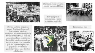 Tanques nas ruas 
Manifestações populares 
contra o regime Militar 
Perseguições a 
estudantes e outros 
setores de oposição 
Devido a efeitos negativos 
como: demissão de 40 mil 
funcionários públicos; 
revogação da desapropriação de 
terras entra outros, a política 
econômica, aliada ao aumento 
das tarifas públicas, resultou e 
sempre resultará em recessão, 
que "foi suportada por uma 
população proibida de 
protestar" pelos seus direitos 
trabalhistas. 
 