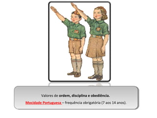 Valores de ordem, disciplina eeobediência.
Valores de ordem, disciplina obediência.
Mocidade Portuguesa ––frequência obrigatória (7 aos 14 anos).
Mocidade Portuguesa frequência obrigatória (7 aos 14 anos).

 