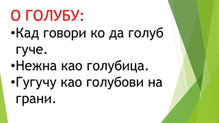 О ГОЛУБУ:
•Кад говори ко да голуб
гуче.
•Нежна као голубица.
•Гугучу као голубови на
грани.
 