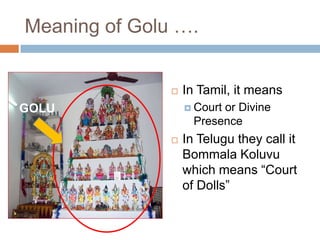 Meaning of Golu ….
 In Tamil, it
means
 Court or Divine
Presence
 In Telugu they
call it Bommala
Koluvu which
means “Court of
Dolls”
GOLU
 
