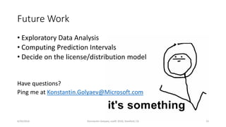 Future Work
• Exploratory Data Analysis
• Computing Prediction Intervals
• Decide on the license/distribution model
Have q...
