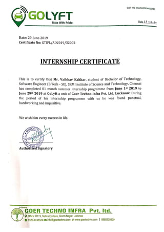 GoLyft Internship Certificate