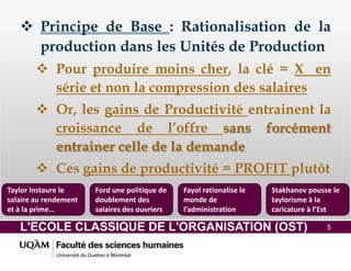L'ECOLE CLASSIQUE DE L'ORGANISATION (OST) 5
 Principe de Base : Rationalisation de la
production dans les Unités de Production
 Pour produire moins cher, la clé = X en
série et non la compression des salaires
 Or, les gains de Productivité entrainent la
croissance de l’offre sans forcément
entrainer celle de la demande
 Ces gains de productivité = PROFIT plutôt
Taylor Instaure le
salaire au rendement
et à la prime…
Ford une politique de
doublement des
salaires des ouvriers
Fayol rationalise le
monde de
l’administration
Stakhanov pousse le
taylorisme à la
caricature à l’Est
 