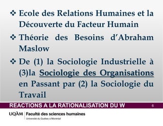 REACTIONS A LA RATIONALISATION DU W 6
 Ecole des Relations Humaines et la
Découverte du Facteur Humain
 Théorie des Besoins d’Abraham
Maslow
 De (1) la Sociologie Industrielle à
(3)la Sociologie des Organisations
en Passant par (2) la Sociologie du
Travail
 