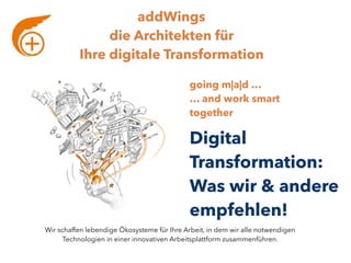 addWings
die Architekten für 
Ihre digitale Transformation
going m|a|d …
… and work smart
together
Wir schaffen lebendige Ökosysteme für Ihre Arbeit, in dem wir alle notwendigen
Technologien in einer innovativen Arbeitsplattform zusammenführen.
Digital 
Transformation:
Was wir & andere
empfehlen!
 