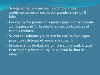 Se deja enfriar por medio día a temperatura ambiente, se cortan cuadrados grandes entre 5 y 8 kilos.Los cuadrados pasan a una prensa para curarse durante 20 minutos a 163°c, la presión compacta la goma y el calor la endureceSe corta el sobrante y se meten los cuadrados al agua para que se detenga el proceso de curaciónSe cortan tiras biselada de  goma rosada y azul, la azul tiene piedra pómez que ayuda a borrar la tinta de esfero