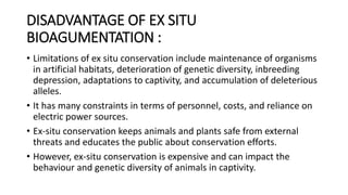DISADVANTAGE OF EX SITU
BIOAGUMENTATION :
• Limitations of ex situ conservation include maintenance of organisms
in artificial habitats, deterioration of genetic diversity, inbreeding
depression, adaptations to captivity, and accumulation of deleterious
alleles.
• It has many constraints in terms of personnel, costs, and reliance on
electric power sources.
• Ex-situ conservation keeps animals and plants safe from external
threats and educates the public about conservation efforts.
• However, ex-situ conservation is expensive and can impact the
behaviour and genetic diversity of animals in captivity.
 