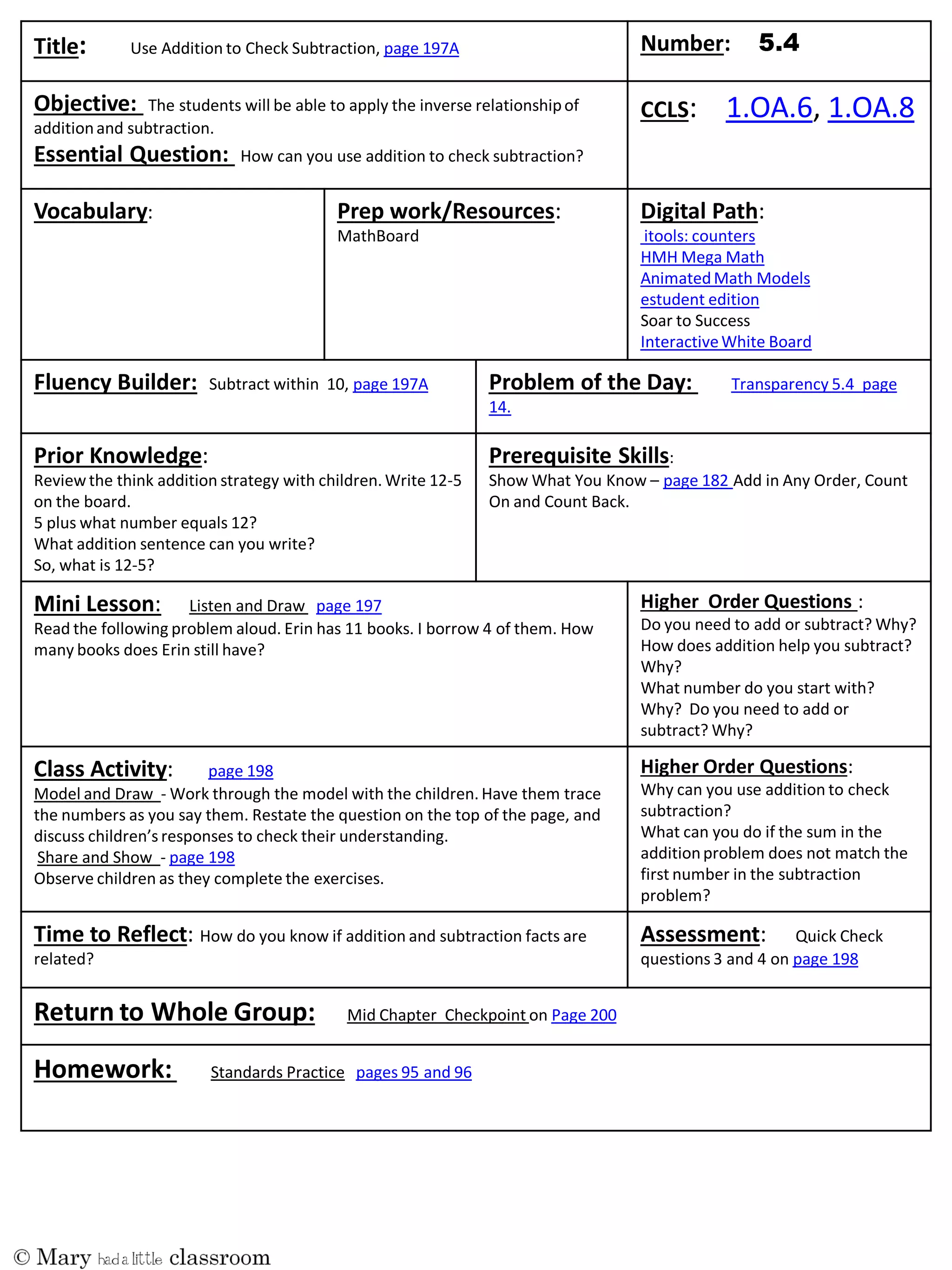 Title: Use Addition to Check Subtraction, page 197A Number:
Objective: The students will be able to apply the inverse relationshipof
additionand subtraction.
Essential Question: How can you use addition to check subtraction?
CCLS: 1.OA.6, 1.OA.8
Vocabulary: Prep work/Resources:
MathBoard
Digital Path:
itools: counters
HMH Mega Math
AnimatedMath Models
estudent edition
Soar to Success
InteractiveWhite Board
Fluency Builder: Subtract within 10, page 197A Problem of the Day: Transparency 5.4 page
14.
Prior Knowledge:
Reviewthe think addition strategy with children. Write 12-5
on the board.
5 plus what number equals 12?
What addition sentence can you write?
So, what is 12-5?
Prerequisite Skills:
Show What You Know – page 182 Add in Any Order, Count
On and Count Back.
Mini Lesson: Listen and Draw page 197
Read the following problem aloud. Erin has 11 books. I borrow 4 of them. How
many books does Erin still have?
Higher Order Questions :
Do you need to add or subtract? Why?
How does addition help you subtract?
Why?
What number do you start with?
Why? Do you need to add or
subtract? Why?
Class Activity: page 198
Model and Draw - Work through the model with the children. Have them trace
the numbers as you say them. Restate the question on the top of the page, and
discuss  children’s  responses  to  check  their  understanding.
Share and Show - page 198
Observe children as they complete the exercises.
Higher Order Questions:
Why can you use addition to check
subtraction?
What can you do if the sum in the
additionproblem does not match the
first number in the subtraction
problem?
Time to Reflect: How do you know if addition and subtraction facts are
related?
Assessment: Quick Check
questions 3 and 4 on page 198
Return to Whole Group: Mid Chapter Checkpoint on Page 200
Homework: Standards Practice pages 95 and 96
 