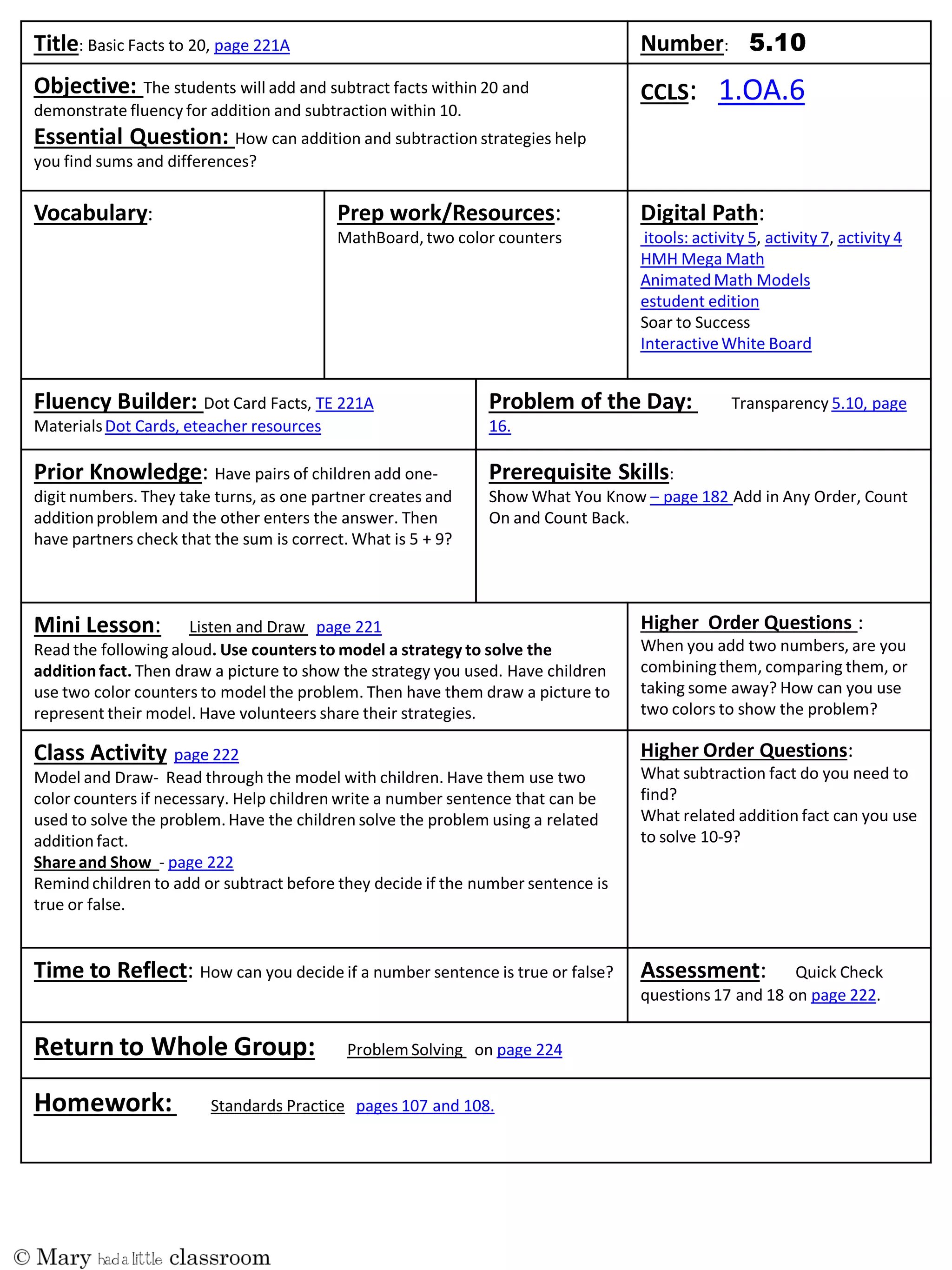 Title: Basic Facts to 20, page 221A Number:
Objective: The students will add and subtract facts within 20 and
demonstrate fluency for addition and subtraction within 10.
Essential Question: How can addition and subtraction strategies help
you find sums and differences?
CCLS: 1.OA.6
Vocabulary: Prep work/Resources:
MathBoard, two color counters
Digital Path:
itools: activity 5, activity 7, activity 4
HMH Mega Math
AnimatedMath Models
estudent edition
Soar to Success
InteractiveWhite Board
Fluency Builder: Dot Card Facts, TE 221A
MaterialsDot Cards, eteacher resources
Problem of the Day: Transparency 5.10, page
16.
Prior Knowledge: Have pairs of children add one-
digit numbers. They take turns, as one partner creates and
additionproblem and the other enters the answer. Then
have partners check that the sum is correct. What is 5 + 9?
Prerequisite Skills:
Show What You Know – page 182 Add in Any Order, Count
On and Count Back.
Mini Lesson: Listen and Draw page 221
Read the following aloud. Use countersto model a strategy to solve the
addition fact. Then draw a picture to show the strategy you used. Have children
use two color counters to model the problem. Then have them draw a picture to
represent their model. Have volunteers share their strategies.
Higher Order Questions :
When you add two numbers, are you
combiningthem, comparing them, or
taking some away? How can you use
two colors to show the problem?
Class Activity page 222
Model and Draw- Read through the model with children. Have them use two
color counters if necessary. Help children write a number sentence that can be
used to solve the problem. Have the children solve the problem using a related
additionfact.
Shareand Show - page 222
Remindchildren to add or subtract before they decide if the number sentence is
true or false.
Higher Order Questions:
What subtraction fact do you need to
find?
What related addition fact can you use
to solve 10-9?
Time to Reflect: How can you decide if a number sentence is true or false? Assessment: Quick Check
questions 17 and 18 on page 222.
Return to Whole Group: Problem Solving on page 224
Homework: Standards Practice pages 107 and 108.
 