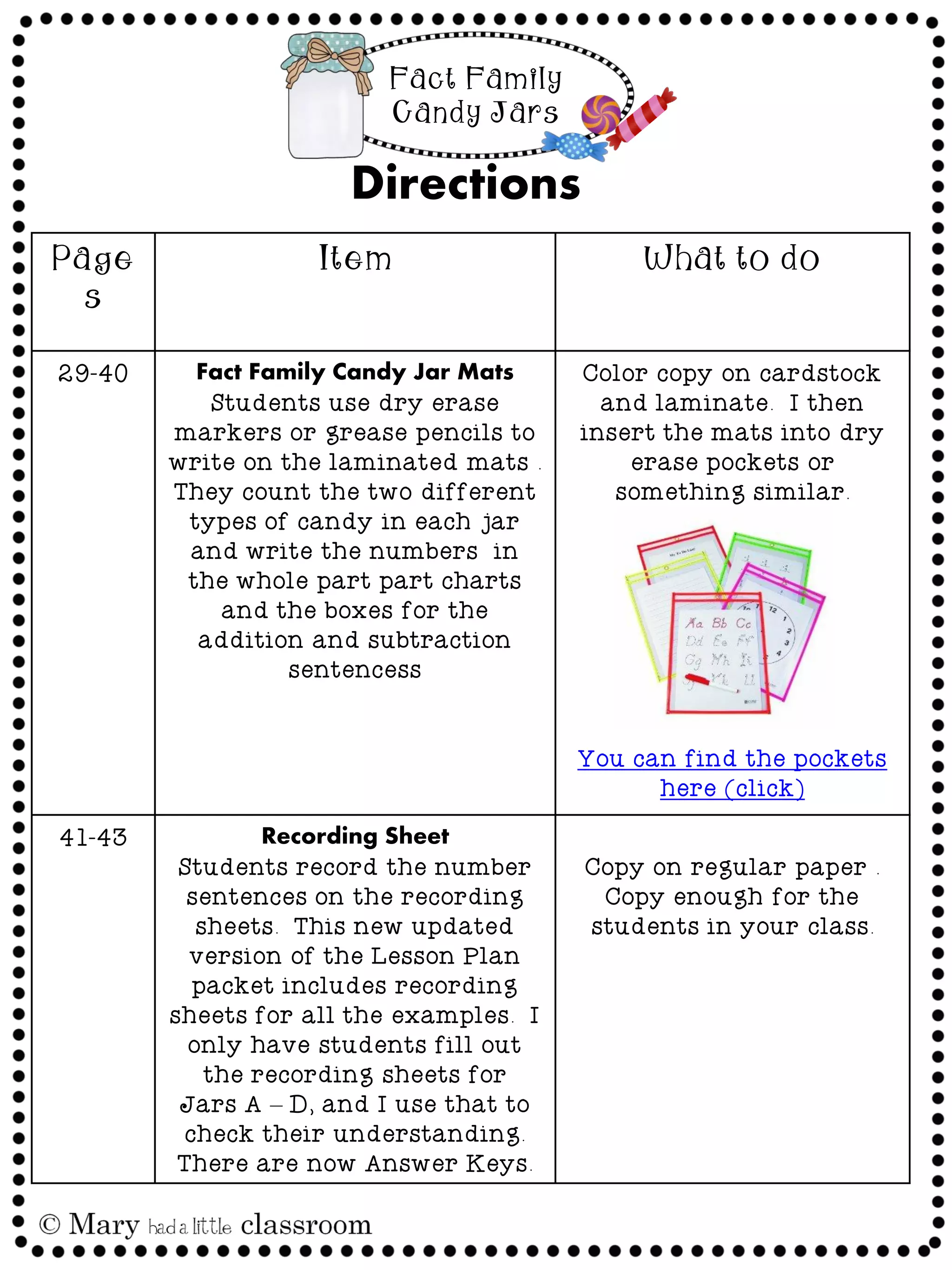 Fact Family
Candy Jars
Directions
Page
s
Item What to do
29-40 Fact Family Candy Jar Mats
Students use dry erase
markers or grease pencils to
write on the laminated mats .
They count the two different
types of candy in each jar
and write the numbers in
the whole part part charts
and the boxes for the
addition and subtraction
sentencess
Color copy on cardstock
and laminate. I then
insert the mats into dry
erase pockets or
something similar.
You can find the pockets
here (click)
41-43 Recording Sheet
Students record the number
sentences on the recording
sheets. This new updated
version of the Lesson Plan
packet includes recording
sheets for all the examples. I
only have students fill out
the recording sheets for
Jars A – D, and I use that to
check their understanding.
There are now Answer Keys.
Copy on regular paper .
Copy enough for the
students in your class.
 