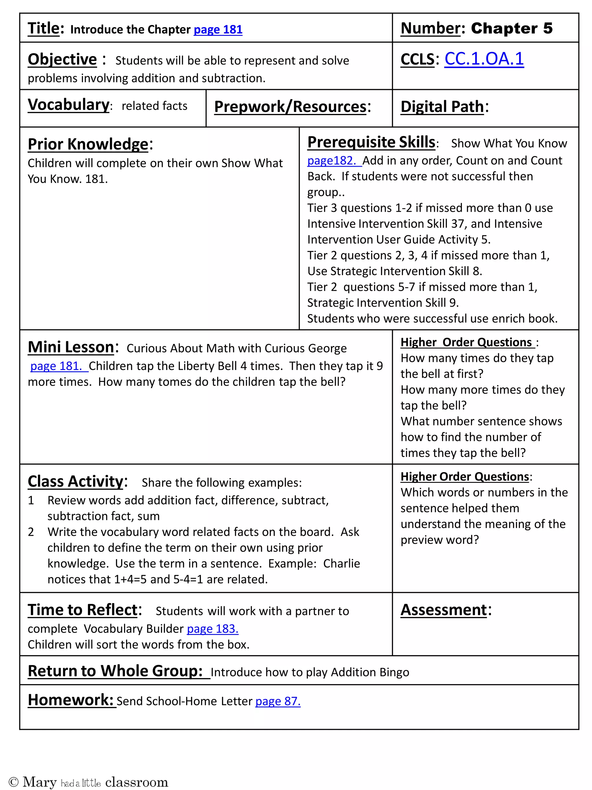 Title: Introduce the Chapter page 181 Number:
Objective : Students will be able to represent and solve
problems involving addition and subtraction.
CCLS: CC.1.OA.1
Vocabulary: related facts Prepwork/Resources: Digital Path:
Prior Knowledge:
Children will complete on their own Show What
You Know. 181.
Prerequisite Skills: Show What You Know
page182. Add in any order, Count on and Count
Back. If students were not successful then
group..
Tier 3 questions 1-2 if missed more than 0 use
Intensive Intervention Skill 37, and Intensive
Intervention User Guide Activity 5.
Tier 2 questions 2, 3, 4 if missed more than 1,
Use Strategic Intervention Skill 8.
Tier 2 questions 5-7 if missed more than 1,
Strategic Intervention Skill 9.
Students who were successful use enrich book.
Mini Lesson: Curious About Math with Curious George
page 181. Children tap the Liberty Bell 4 times. Then they tap it 9
more times. How many tomes do the children tap the bell?
Higher Order Questions :
How many times do they tap
the bell at first?
How many more times do they
tap the bell?
What number sentence shows
how to find the number of
times they tap the bell?
Class Activity: Share the following examples:
1 Review words add addition fact, difference, subtract,
subtraction fact, sum
2 Write the vocabulary word related facts on the board. Ask
children to define the term on their own using prior
knowledge. Use the term in a sentence. Example: Charlie
notices that 1+4=5 and 5-4=1 are related.
Higher Order Questions:
Which words or numbers in the
sentence helped them
understand the meaning of the
preview word?
Time to Reflect: Students will work with a partner to
complete Vocabulary Builder page 183.
Children will sort the words from the box.
Assessment:
Return to Whole Group: Introduce how to play Addition Bingo
Homework: Send School-Home Letter page 87.
 