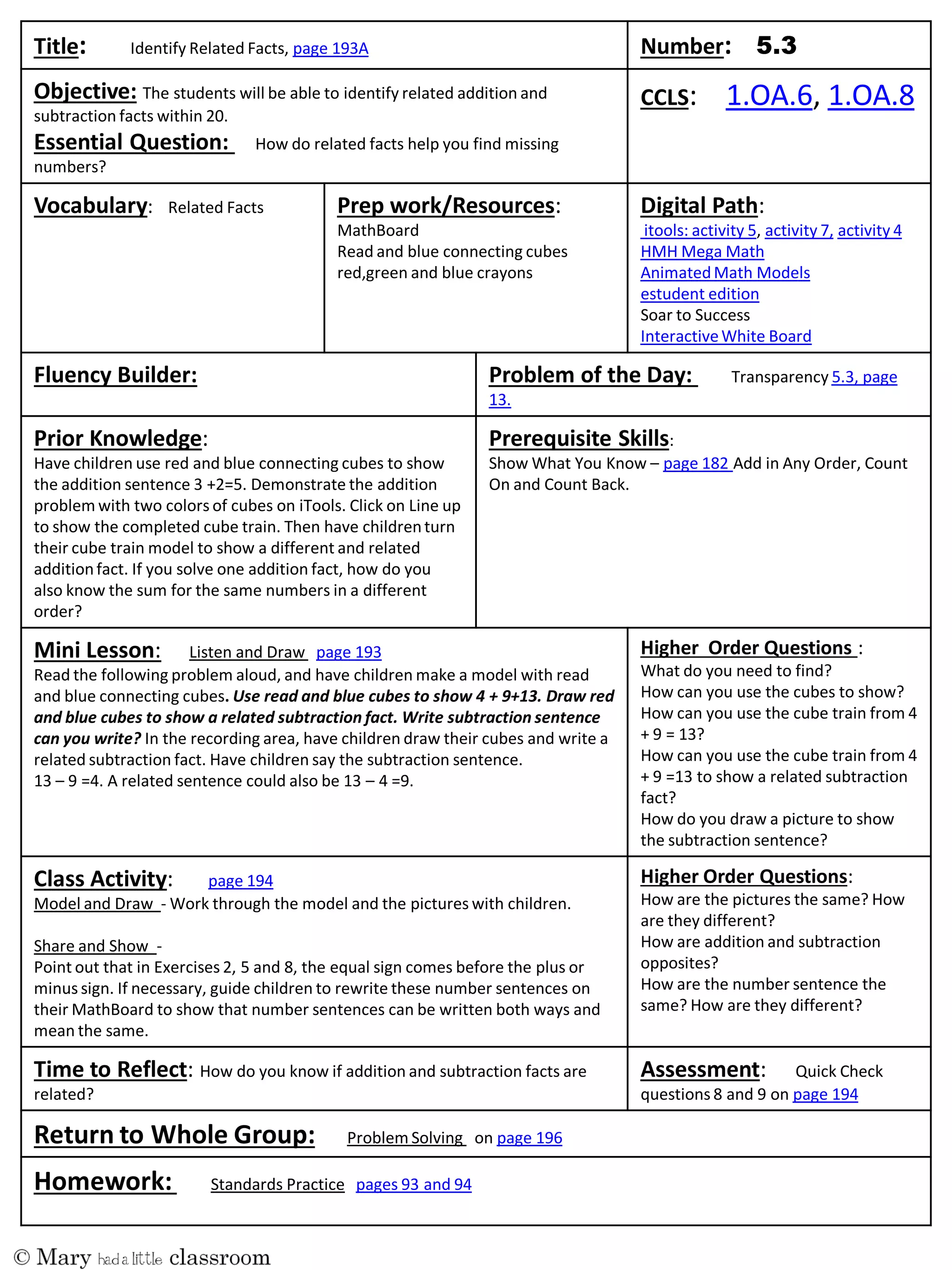 Title: Identify Related Facts, page 193A Number:
Objective: The students will be able to identify related addition and
subtraction facts within 20.
Essential Question: How do related facts help you find missing
numbers?
CCLS: 1.OA.6, 1.OA.8
Vocabulary: Related Facts Prep work/Resources:
MathBoard
Read and blue connecting cubes
red,green and blue crayons
Digital Path:
itools: activity 5, activity 7, activity 4
HMH Mega Math
AnimatedMath Models
estudent edition
Soar to Success
InteractiveWhite Board
Fluency Builder: Problem of the Day: Transparency 5.3, page
13.
Prior Knowledge:
Have children use red and blue connecting cubes to show
the addition sentence 3 +2=5. Demonstrate the addition
problem with two colors of cubes on iTools. Click on Line up
to show the completed cube train. Then have childrenturn
their cube train model to show a different and related
additionfact. If you solve one addition fact, how do you
also know the sum for the same numbers in a different
order?
Prerequisite Skills:
Show What You Know – page 182 Add in Any Order, Count
On and Count Back.
Mini Lesson: Listen and Draw page 193
Read the following problem aloud, and have children make a model with read
and blue connecting cubes. Use read and blue cubes to show 4 + 9+13. Draw red
and blue cubes to show a related subtraction fact. Write subtraction sentence
can you write? In the recording area, have children draw their cubes and write a
related subtraction fact. Have children say the subtraction sentence.
13 – 9 =4. A related sentence could also be 13 – 4 =9.
Higher Order Questions :
What do you need to find?
How can you use the cubes to show?
How can you use the cube train from 4
+ 9 = 13?
How can you use the cube train from 4
+ 9 =13 to show a related subtraction
fact?
How do you draw a picture to show
the subtraction sentence?
Class Activity: page 194
Model and Draw - Work through the model and the pictures with children.
Share and Show -
Point out that in Exercises 2, 5 and 8, the equal sign comes before the plus or
minus sign. If necessary, guide children to rewrite these number sentences on
their MathBoard to show that number sentences can be written both ways and
mean the same.
Higher Order Questions:
How are the pictures the same? How
are they different?
How are addition and subtraction
opposites?
How are the number sentence the
same? How are they different?
Time to Reflect: How do you know if addition and subtraction facts are
related?
Assessment: Quick Check
questions 8 and 9 on page 194
Return to Whole Group: Problem Solving on page 196
Homework: Standards Practice pages 93 and 94
 