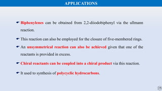 APPLICATIONS
 Biphenylenes can be obtained from 2,2-diiodobiphenyl via the ullmann
reaction.
 This reaction can also be employed for the closure of five-membered rings.
 An unsymmetrical reaction can also be achieved given that one of the
reactants is provided in excess.
 Chiral reactants can be coupled into a chiral product via this reaction.
 It used to synthesis of polycyclic hydrocarbons.
 