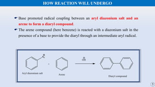 HOW REACTION WILL UNDERGO
 Base promoted radical coupling between an aryl diazonium salt and an
arene to form a diaryl compound.
 The arene compound (here benzene) is reacted with a diazonium salt in the
presence of a base to provide the diaryl through an intermediate aryl radical.
 
