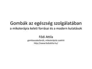 Gombák az egészség szolgálatában 
a mikoterápia keleti forrásai és a modern kutatások 
Fődi Attila 
gombaszakellenőr, mikoterápiás szakíró 
http://www.fodiattila.hu/ 
 