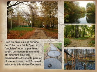    Près du palais sur la surface
    de 10 ha on a fait le "parc à
    l'anglaise", et on a planté un
    jardin. Le réseau de chemins
    et l’itinéraire pour les
    promenades divisent le parc en
    plusieurs zones, dont l'une est
    adjacente à la rivière Dobasna.
 