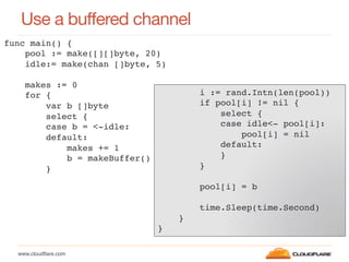 www.cloudﬂare.com!
Use a buffered channel
func main() {!
pool := make([][]byte, 20)!
idle:= make(chan []byte, 5)!
!
makes := 0!
for {!
var b []byte!
select {!
case b = <-idle:!
default:!
makes += 1!
b = makeBuffer()!
}!
!
!
i := rand.Intn(len(pool))!
if pool[i] != nil {!
select {!
case idle<- pool[i]:!
pool[i] = nil!
default:!
}!
}!
!
pool[i] = b!
!
time.Sleep(time.Second)!
}!
}
 
