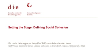 Dr. Julia Leininger on behalf of DIE‘s social cohesion team
GIZ Virtual Sessions Series „Social Cohesion in the MENA region“, October 25, 2020
Setting the Stage: Defining Social Cohesion
 