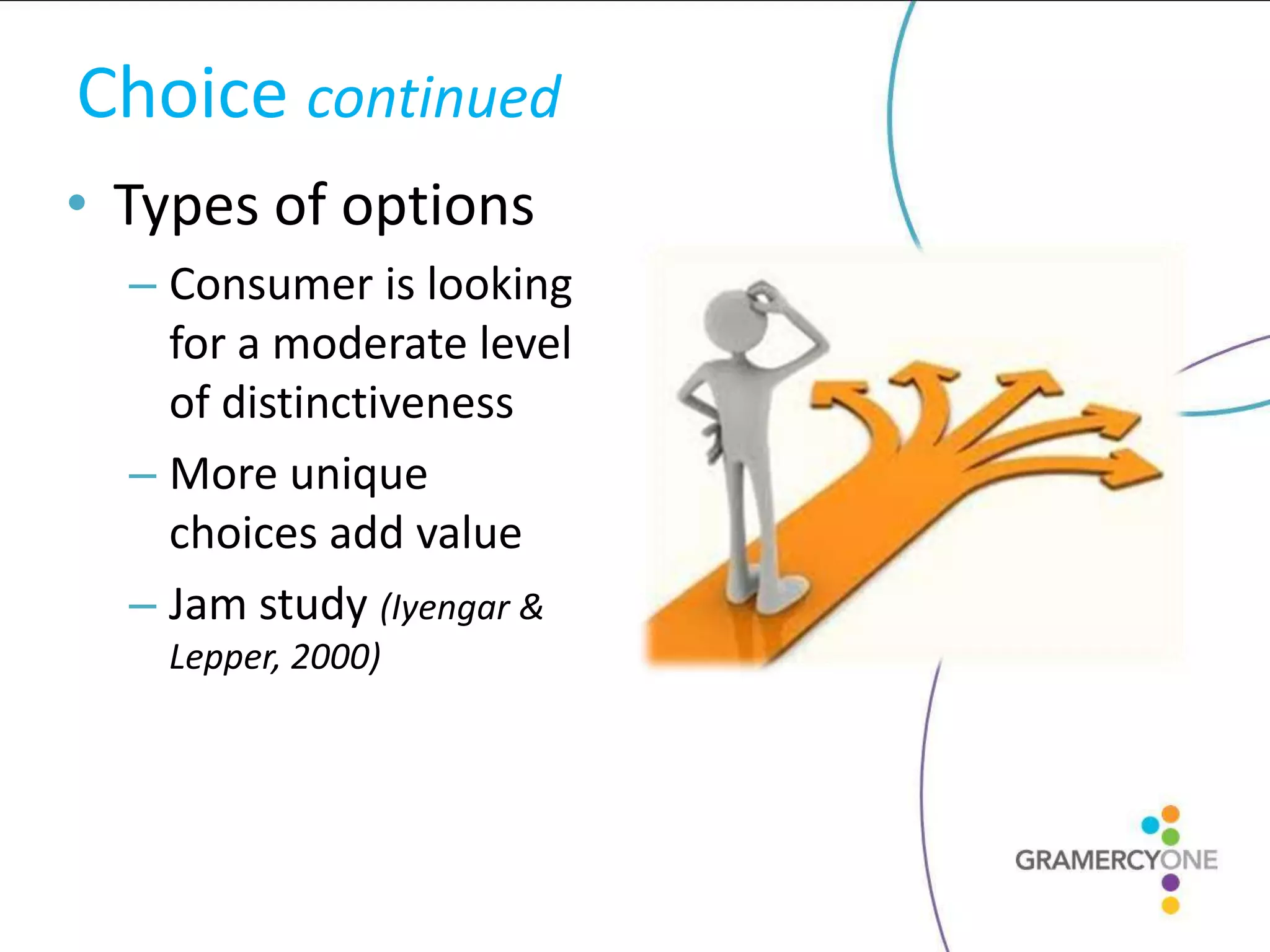 Choice continued
• Types of options
  – Consumer is looking
    for a moderate level
    of distinctiveness
  – More unique
    choices add value
  – Jam study (Iyengar &
   Lepper, 2000)
 