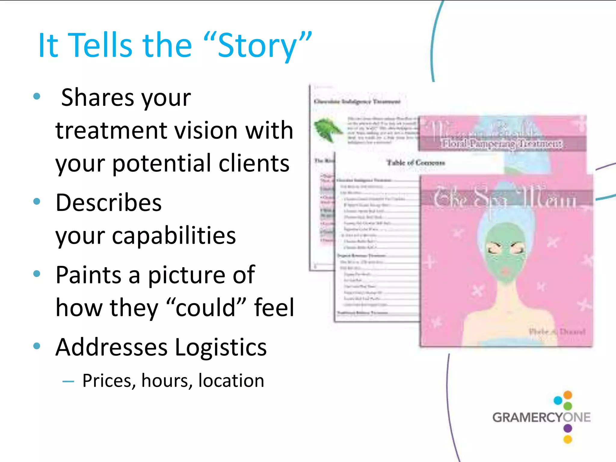 It Tells the “Story”
• Shares your
  treatment vision with
  your potential clients
• Describes
  your capabilities
• Paints a picture of
  how they “could” feel
• Addresses Logistics
  – Prices, hours, location
 