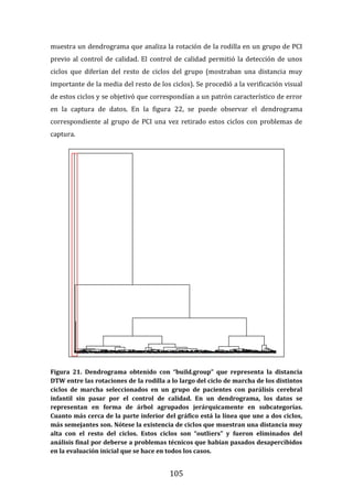 105
muestra un dendrograma que analiza la rotación de la rodilla en un grupo de PCI
previo al control de calidad. El control de calidad permitió la detección de unos
ciclos que diferían del resto de ciclos del grupo (mostraban una distancia muy
importante de la media del resto de los ciclos). Se procedió a la verificación visual
de estos ciclos y se objetivó que correspondían a un patrón característico de error
en la captura de datos. En la figura 22, se puede observar el dendrograma
correspondiente al grupo de PCI una vez retirado estos ciclos con problemas de
captura.
Figura 21. Dendrograma obtenido con “build.group” que representa la distancia
DTW entre las rotaciones de la rodilla a lo largo del ciclo de marcha de los distintos
ciclos de marcha seleccionados en un grupo de pacientes con parálisis cerebral
infantil sin pasar por el control de calidad. En un dendrograma, los datos se
representan en forma de árbol agrupados jerárquicamente en subcategorías.
Cuanto más cerca de la parte inferior del gráfico está la línea que une a dos ciclos,
más semejantes son. Nótese la existencia de ciclos que muestran una distancia muy
alta con el resto del ciclos. Estos ciclos son “outliers” y fueron eliminados del
análisis final por deberse a problemas técnicos que habían pasados desapercibidos
en la evaluación inicial que se hace en todos los casos.
 