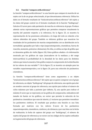 107
3.3. Función “compare.with.reference”
La función “compare.with.reference” es una función que compara la marcha de un
sujeto con la de un grupo seleccionado, al que denominamos referencia. Utiliza los
datos en el formato resultante de “total.extraction.without.reference” del sujeto y
los datos del grupo control en el formato resultante de la función “build.group”.
Calcula el Z-score para cada parámetro de marcha en referencia al grupo. Produce
además varias representaciones gráficas que permiten comparar visualmente la
marcha del paciente respecto a la referencia. En la figura 23, se muestra la
representación de las posiciones articulares a lo largo del ciclo en relación a los
valores obtenidos del grupo. También se obtienen gráficas que muestran los
resultados de los parámetros de marcha comparándolos con su distribución en la
normalidad, agrupados por lado o tipo (espaciotemporales, cinemáticas, fuerza de
reacción, momento, potencia o distancias). En ellas, se utiliza un tipo de gráfica que
se denomina gráfica de violín (figura 24). Estos gráficos añaden a la información
mostrada por los gráficos de cajas (marcadores de la mediana y del rango
intercuartílico) la probabilidad de la densidad de los datos para los distintos
valores que toma la muestra. Este gráfico mejora la comprensión de la distribución
de los valores de una variable175. En la figura 25, se muestra un ejemplo para las
variables espaciotemporales y en la figura 26, para una selección de parámetros
cinemáticos.
La función “compare.with.reference” tiene como argumentos a un objeto
“total.extraction.without.reference” del sujeto que se quiere comparar con el grupo
de referencia, un objeto “build.group” del grupo de referencia, una opción para dar
un nombre concreto al grupo de referencia, una opción para indicar el número de
ciclos máximos por lado y paciente (por defecto, 5), una opción para indicar el
máximo Z-score que se representa en las gráficas de comparación, indicadores del
tamaño de fuente en los gráficos, un vector que permite la selección de los
parámetros cinemáticos que sean de interés y 2 vectores que permiten renombrar
los parámetros cinéticos. El resultado que produce esta función es una lista
formada por matrices con los valores Z-score de los parámetros
espaciotemporales, cinemáticos, cinéticos y de distancia y por una lista con la fecha
de realización, la fecha de captura del grupo con “build.group”, el número de
sujetos del grupo de referencia y un vector con los códigos de los sujetos utilizados
en la generación del grupo de referencia.
 