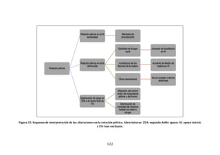 122
Figura 33. Esquema de interpretación de las alteraciones en la rotación pélvica. Abreviaturas: 2DA: segundo doble apoyo; AI: apoyo inicial;
y FO: fase oscilante.
Rotación pélvica
Rotación pélvica en el AI
aumentada
Maniobra de
circunducción
Rotación pélvica en el AI
disminuida
Debilidad de tríceps
sural
Aumento de dorsiflexión
en AI
Contractura de los
flexores de la cadera
Aumento de flexión de
cadera en AI
Otros mecanismos
No se cumplen criterios
anteriores
Disminución de rango en
2DA o en tercio final de
FO
Alteración del control
motor de musculatura
pélvica o del tronco
Disminución de
movilidad de columna
lumbar por dolor o
cirugía
 