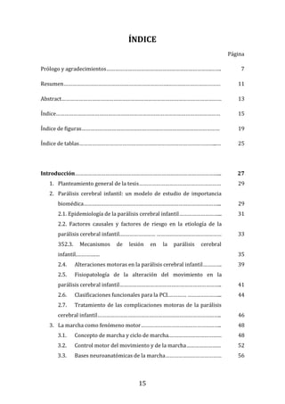 15
ÍNDICE
Página
Prólogo y agradecimientos……………………………………………………………….……. 7
Resumen……………………………………………………………….……………………………… 11
Abstract………………………………………………………………………………………………… 13
Índice…………………………………………………………………………………………………… 15
Índice de figuras…………………………………………………………………………………… 19
Índice de tablas…………………………………………………………………………………...… 25
Introducción………………………………………………………………………………………... 27
1. Planteamiento general de la tesis………………………………………………… 29
2. Parálisis cerebral infantil: un modelo de estudio de importancia
biomédica…………………………………………………………………………………... 29
2.1. Epidemiología de la parálisis cerebral infantil………………………... 31
2.2. Factores causales y factores de riesgo en la etiología de la
parálisis cerebral infantil.…………………… ……………………………………… 33
352.3. Mecanismos de lesión en la parálisis cerebral
infantil.………….… 35
2.4. Alteraciones motoras en la parálisis cerebral infantil…………. 39
2.5. Fisiopatología de la alteración del movimiento en la
parálisis cerebral infantil…………………………………………………………….. 41
2.6. Clasificaciones funcionales para la PCI.………… …………………... 44
2.7. Tratamiento de las complicaciones motoras de la parálisis
cerebral infantil………………………………………………………………………….. 46
3. La marcha como fenómeno motor……………………………………………….. 48
3.1. Concepto de marcha y ciclo de marcha.……………………………… 48
3.2. Control motor del movimiento y de la marcha…………………… 52
3.3. Bases neuroanatómicas de la marcha………………………………… 56
 