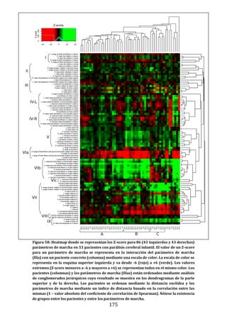 175
Figura 58: Heatmap donde se representan los Z-score para 86 (43 izquierdos y 43 derechos)
parámetros de marcha en 53 pacientes con parálisis cerebral infantil. El valor de un Z-score
para un parámetro de marcha se representa en la interacción del parámetro de marcha
(fila) con un paciente concreto (columna) mediante una escala de color. La escala de color se
representa en la esquina superior izquierda y va desde -6 (rojo) a +6 (verde). Los valores
extremos (Z-score menores a -6 y mayores a +6) se representan todos en el mismo color. Los
pacientes (columnas) y los parámetros de marcha (filas) están ordenados mediante análisis
de conglomerados jerárquicos cuyo resultado se muestra en los dendrogramas de la parte
superior y de la derecha. Los pacientes se ordenan mediante la distancia euclídea y los
parámetros de marcha mediante un índice de distancia basado en la correlación entre las
mismas (1 – valor absoluto del coeficiente de correlación de Spearman). Nótese la existencia
de grupos entre los pacientes y entre los parámetros de marcha.
 