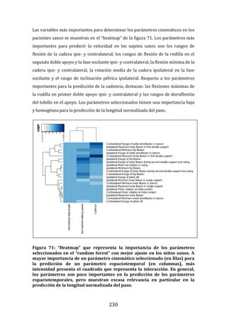 230
Las variables más importantes para determinar los parámetros cinemáticos en los
pacientes sanos se muestran en el “heatmap” de la figura 71. Los parámetros más
importantes para predecir la velocidad en los sujetos sanos son los rangos de
flexión de la cadera ipsi- y contralateral, los rangos de flexión de la rodilla en el
segundo doble apoyo y la fase oscilante ipsi- y contralateral, la flexión mínima de la
cadera ipsi- y contralateral, la rotación media de la cadera ipsilateral en la fase
oscilante y el rango de inclinación pélvica ipsilateral. Respecto a los parámetros
importantes para la predicción de la cadencia, destacan: las flexiones máximas de
la rodilla en primer doble apoyo ipsi- y contralateral y los rangos de dorsiflexión
del tobillo en el apoyo. Los parámetros seleccionados tienen una importancia baja
y homogénea para la predicción de la longitud normalizada del paso.
Figura 71: “Heatmap” que representa la importancia de los parámetros
seleccionados en el “random forest” con mejor ajuste en los niños sanos. A
mayor importancia de un parámetro cinemático seleccionado (en filas) para
la predicción de un parámetro espaciotemporal (en columnas), más
intensidad presenta el cuadrado que representa la interacción. En general,
los parámetros son poco importantes en la predicción de los parámetros
espaciotemporales, pero muestran escasa relevancia en particular en la
predicción de la longitud normalizada del paso.
 