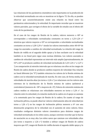 231
Las relaciones de los parámetros cinemáticos más importantes en la predicción de
la velocidad normalizada con esta se muestran en la figura 72. En ella, se pueden
observar que característicamente existe una relación no lineal entre los
parámetros seleccionados y la velocidad. Es importante recordar que se muestran
valores parciales, que corrigen el efecto de la variable de estudio con el efecto del
resto de los parámetros.
En el caso de los rangos de flexión de la cadera, valores menores a 40º se
corresponden a velocidades normalizadas constantes en torno a 1,23-1,24 s-1
mientras que valores mayores a 43º se corresponden a velocidades normalizadas
constantes en torno a 1,28-1,29 s-1 siendo los valores intermedios entre 40-43º de
rango los asociados a cambios de velocidad normalizada. La relación del rango de
flexión de rodilla en el segundo doble apoyo y la fase oscilante con la velocidad
también es no lineal pero sigue unas normas distintas. Los valores asociados a
cambios de velocidad representan un intervalo más amplio (aproximadamente, de
53º a 63º se producen cambios de velocidad normalizada de 1,23-1,24 s-1 a 1,27 s-
1) en comparación al estrecho intervalo que se relaciona con ellos en los rangos de
flexión de cadera donde se producen cambios mayores de velocidad. Una relación
no lineal diferente (en “U”) también relaciona los valores de la flexión mínima de
cadera con la velocidad normalizada de marcha. En este caso, de forma media, las
velocidades de marcha altas (en torno a 1,26 s-1) se relacionan con los valores más
extremos de la distribución de la flexión mínima de cadera ipsilateral y
contralateral (menores de -18º o mayores de -2º). Valores de extensión máxima de
cadera medios se relacionan con velocidades menores en torno a 1,24 s-1. La
relación entre la velocidad y la rotación media de la cadera en el apoyo se asemeja
a la comentada para los rangos de flexión de la cadera. En cuanto al rango de
inclinación pélvica, se puede observar valores relativamente altos de velocidad (en
torno a 1,26 s-1) en los rangos de inclinación pélvica menores a 6º con una
disminución progresiva de la velocidad con el aumento de estos valores. Estos
resultados configuran distintos valores cinemáticos para distintos rangos de
velocidad normalizada en los niños sanos, aunque conviene recordar que la fuerza
de asociación no es muy alta. Los niños sanos que caminan con velocidades altas
(en torno o mayores a 1,26 s-1) tienden a utilizar rangos de flexión de cadera
mayores que 43º, rangos de flexión de rodilla durante el segundo doble apoyo y la
 