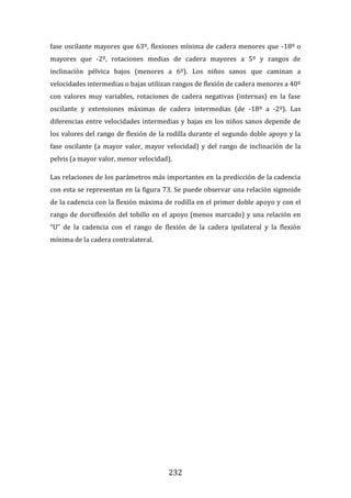 232
fase oscilante mayores que 63º, flexiones mínima de cadera menores que -18º o
mayores que -2º, rotaciones medias de cadera mayores a 5º y rangos de
inclinación pélvica bajos (menores a 6º). Los niños sanos que caminan a
velocidades intermedias o bajas utilizan rangos de flexión de cadera menores a 40º
con valores muy variables, rotaciones de cadera negativas (internas) en la fase
oscilante y extensiones máximas de cadera intermedias (de -18º a -2º). Las
diferencias entre velocidades intermedias y bajas en los niños sanos depende de
los valores del rango de flexión de la rodilla durante el segundo doble apoyo y la
fase oscilante (a mayor valor, mayor velocidad) y del rango de inclinación de la
pelvis (a mayor valor, menor velocidad).
Las relaciones de los parámetros más importantes en la predicción de la cadencia
con esta se representan en la figura 73. Se puede observar una relación sigmoide
de la cadencia con la flexión máxima de rodilla en el primer doble apoyo y con el
rango de dorsiflexión del tobillo en el apoyo (menos marcado) y una relación en
“U” de la cadencia con el rango de flexión de la cadera ipsilateral y la flexión
mínima de la cadera contralateral.
 