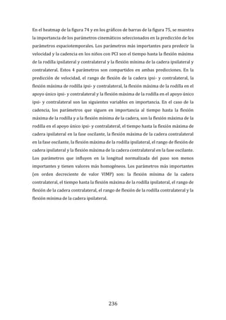 236
En el heatmap de la figura 74 y en los gráficos de barras de la figura 75, se muestra
la importancia de los parámetros cinemáticos seleccionados en la predicción de los
parámetros espaciotemporales. Los parámetros más importantes para predecir la
velocidad y la cadencia en los niños con PCI son el tiempo hasta la flexión máxima
de la rodilla ipsilateral y contralateral y la flexión mínima de la cadera ipsilateral y
contralateral. Estos 4 parámetros son compartidos en ambas predicciones. En la
predicción de velocidad, el rango de flexión de la cadera ipsi- y contralateral, la
flexión máxima de rodilla ipsi- y contralateral, la flexión máxima de la rodilla en el
apoyo único ipsi- y contralateral y la flexión máxima de la rodilla en el apoyo único
ipsi- y contralateral son las siguientes variables en importancia. En el caso de la
cadencia, los parámetros que siguen en importancia al tiempo hasta la flexión
máxima de la rodilla y a la flexión mínima de la cadera, son la flexión máxima de la
rodilla en el apoyo único ipsi- y contralateral, el tiempo hasta la flexión máxima de
cadera ipsilateral en la fase oscilante, la flexión máxima de la cadera contralateral
en la fase oscilante, la flexión máxima de la rodilla ipsilateral, el rango de flexión de
cadera ipsilateral y la flexión máxima de la cadera contralateral en la fase oscilante.
Los parámetros que influyen en la longitud normalizada del paso son menos
importantes y tienen valores más homogéneos. Los parámetros más importantes
(en orden decreciente de valor VIMP) son: la flexión mínima de la cadera
contralateral, el tiempo hasta la flexión máxima de la rodilla ipsilateral, el rango de
flexión de la cadera contralateral, el rango de flexión de la rodilla contralateral y la
flexión mínima de la cadera ipsilateral.
 