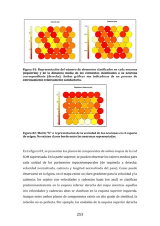 253
Figura 81: Representación del número de elementos clasificados en cada neurona
(izquierda) y de la distancia media de los elementos clasificados a su neurona
correspondiente (derecha). Ambas gráficas son indicadoras de un proceso de
entrenamiento relativamente satisfactorio.
Figura 82: Matriz “U” o representación de la vecindad de las neuronas en el espacio
de origen. No existen claros borde entre las neuronas representadas.
En la figura 83, se presentan los planos de componentes de ambos mapas de la red
SOM supervisada. En la parte superior, se pueden observar los valores medios para
cada unidad de los parámetros espaciotemporales (de izquierda a derecha:
velocidad normalizada, cadencia y longitud normalizada del paso). Como puede
observarse en la figura, en el mapa existe un claro gradiente para la velocidad y la
cadencia: los sujetos con velocidades y cadencias bajas (en azul) se clasifican
predominantemente en la esquina inferior derecha del mapa mientras aquellos
con velocidades y cadencias altas se clasifican en la esquina superior izquierda.
Aunque entre ambos planos de componentes existe un alto grado de similitud, la
relación no es perfecta. Por ejemplo, las unidades de la esquina superior derecha
 