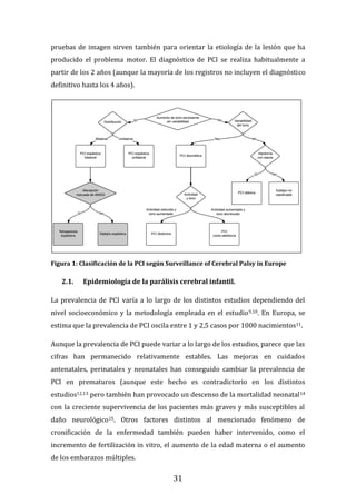 31
pruebas de imagen sirven también para orientar la etiología de la lesión que ha
producido el problema motor. El diagnóstico de PCI se realiza habitualmente a
partir de los 2 años (aunque la mayoría de los registros no incluyen el diagnóstico
definitivo hasta los 4 años).
Figura 1: Clasificación de la PCI según Surveillance of Cerebral Palsy in Europe
2.1. Epidemiología de la parálisis cerebral infantil.
La prevalencia de PCI varía a lo largo de los distintos estudios dependiendo del
nivel socioeconómico y la metodología empleada en el estudio9,10. En Europa, se
estima que la prevalencia de PCI oscila entre 1 y 2,5 casos por 1000 nacimientos11.
Aunque la prevalencia de PCI puede variar a lo largo de los estudios, parece que las
cifras han permanecido relativamente estables. Las mejoras en cuidados
antenatales, perinatales y neonatales han conseguido cambiar la prevalencia de
PCI en prematuros (aunque este hecho es contradictorio en los distintos
estudios12,13 pero también han provocado un descenso de la mortalidad neonatal14
con la creciente supervivencia de los pacientes más graves y más susceptibles al
daño neurológico15. Otros factores distintos al mencionado fenómeno de
cronificación de la enfermedad también pueden haber intervenido, como el
incremento de fertilización in vitro, el aumento de la edad materna o el aumento
de los embarazos múltiples.
 